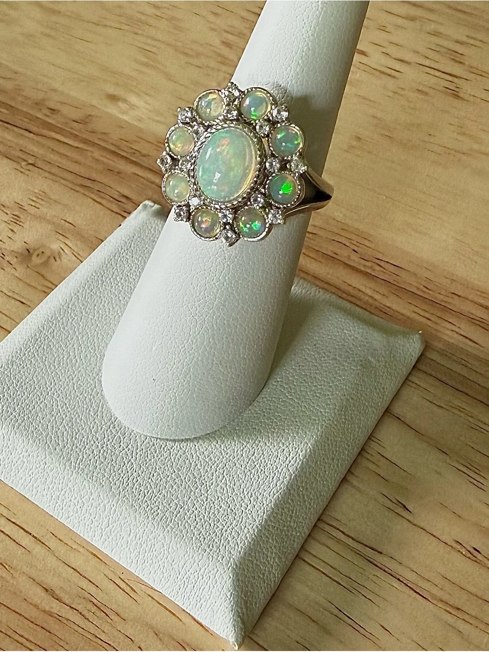 Sterling Silver White Sapphire and Opal Cluster Ring - Size 6